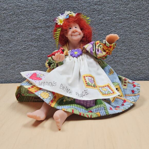 RARE UNIQUE Granny Garden Doll Artist Made Red Hair Cardinal Patchwork Dress - Picture 1 of 9